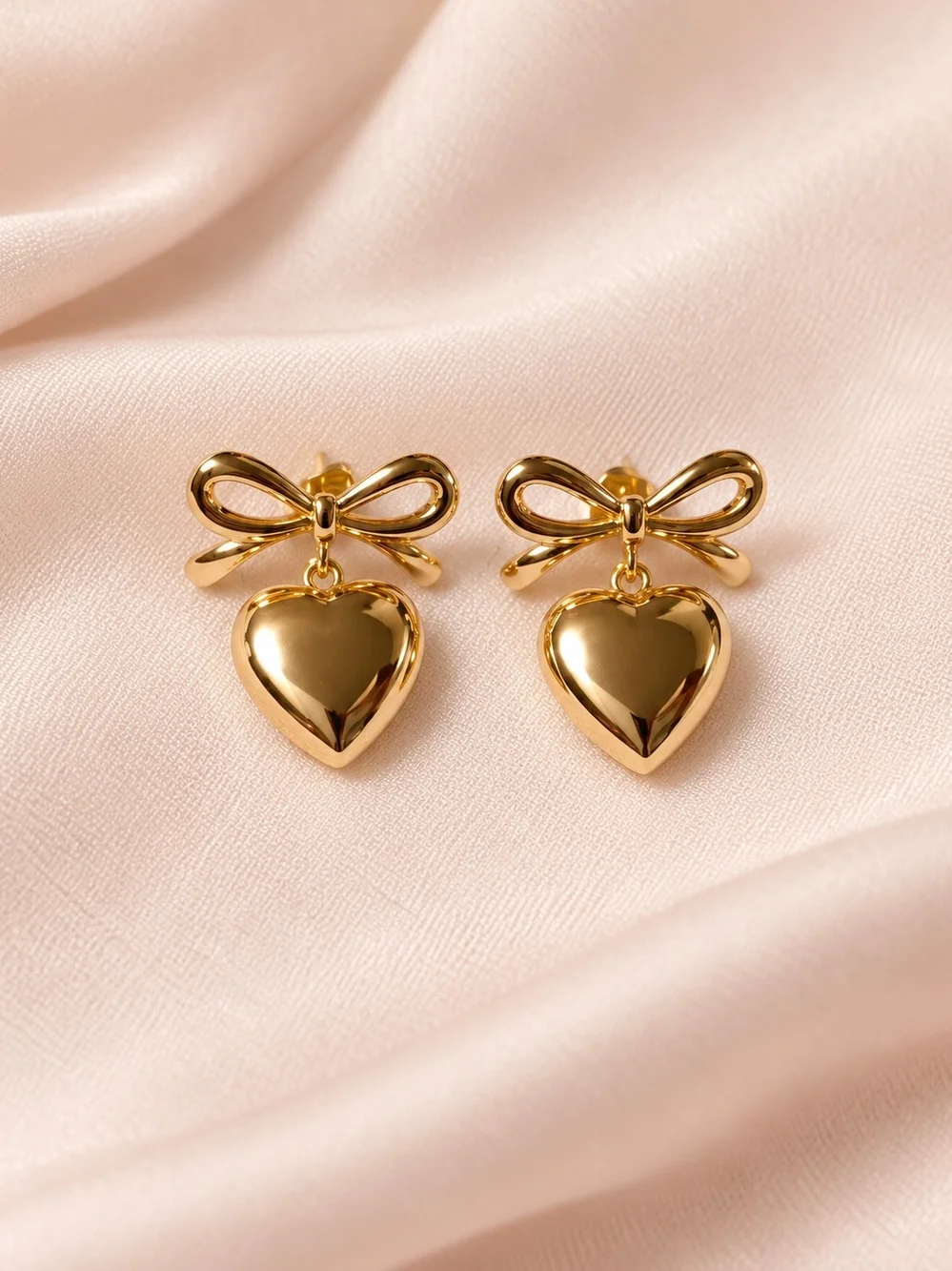 14k. Laminado Gold Heart & Bow Drop Earrings - Women Jewelry